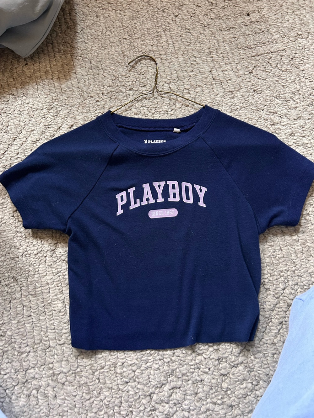 Playboy Cropped Navy Short Sleeve Tee with Pink Logo